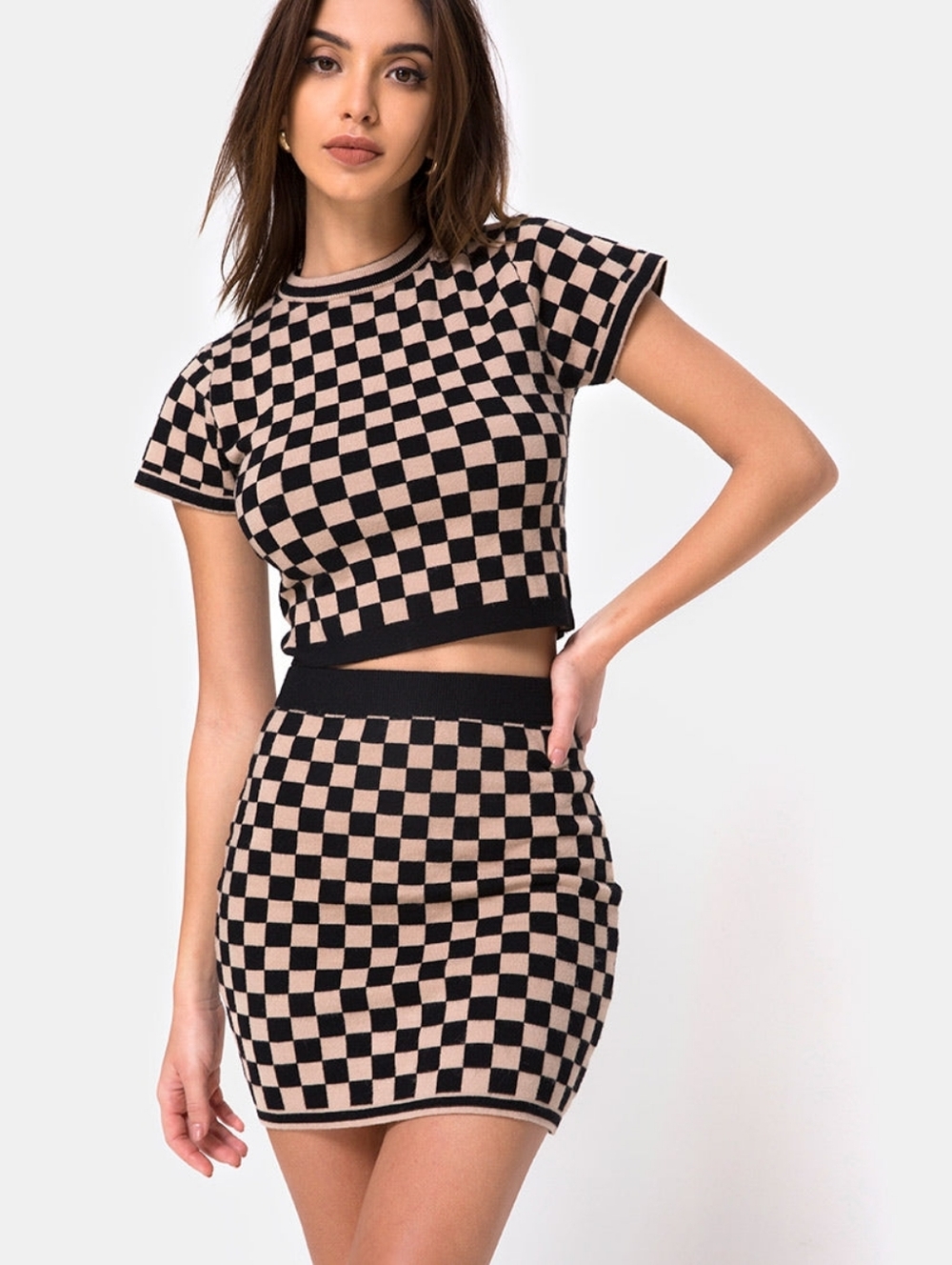 Motel Rocks; Black and Beige Checkerboard Knit Crop Top & Skirt Set